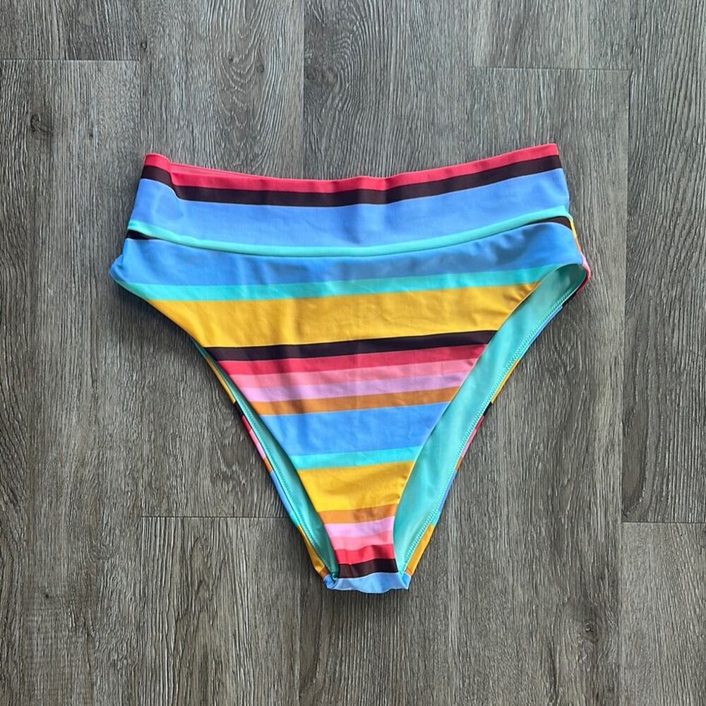 Aerie High-Waisted High Cut Cheeky Bikini Bottom Multicolor Striped Size XL